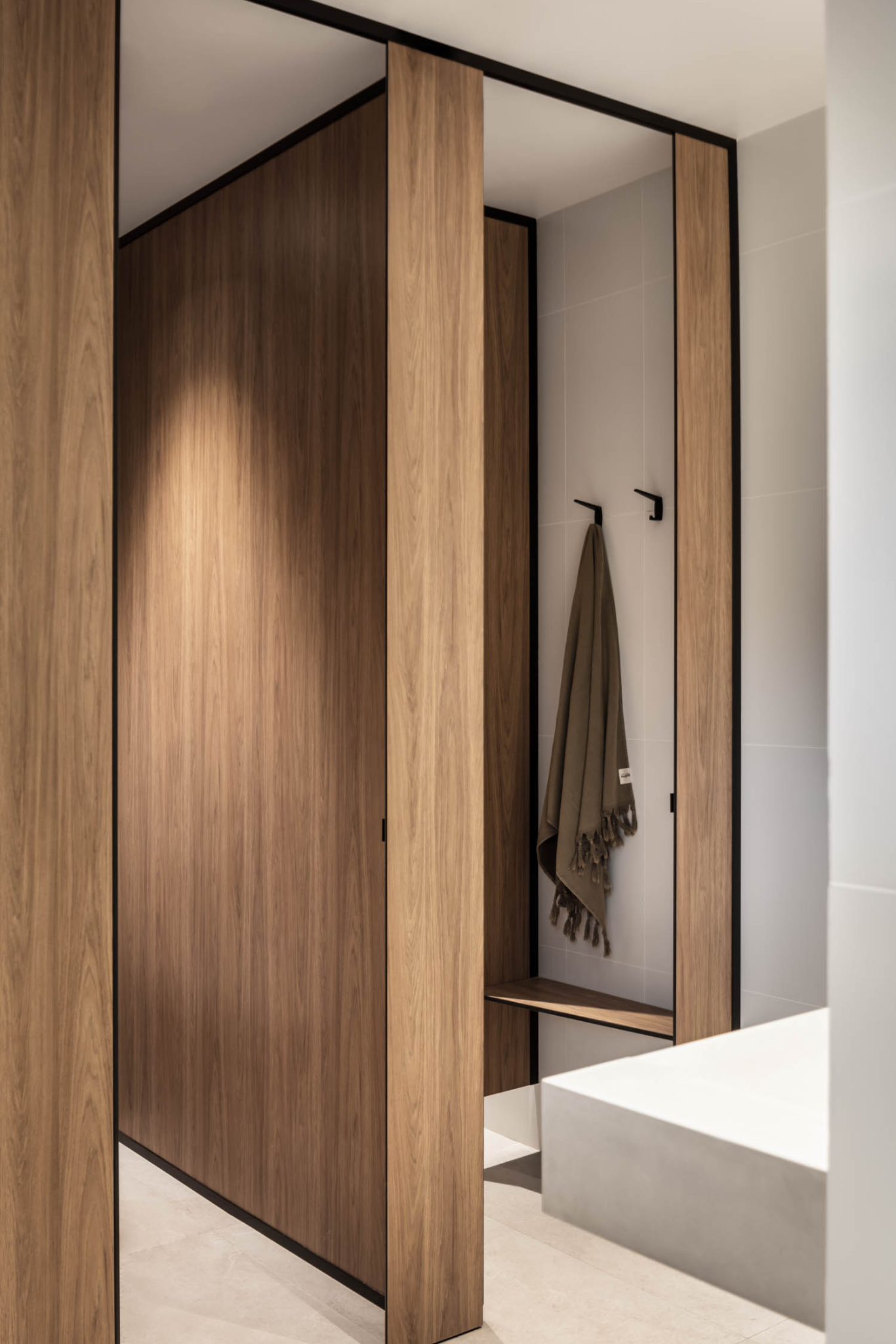 Modern Bathroom Vanity With Wood-paneled Partition — PKJ Design in Unanderra, NSW