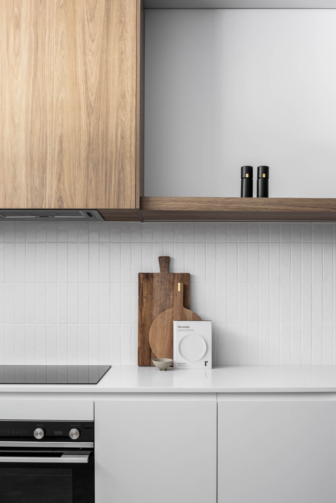 Modern Kitchen With White Cabinets, Wooden Shelves — PKJ Design in Unanderra, NSW