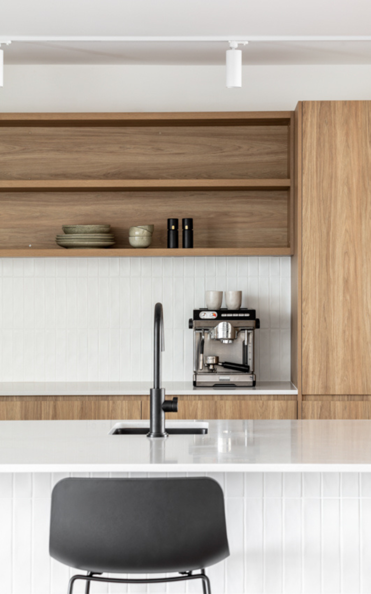 Modern Kitchen With Wood Shelves, White Countertop — PKJ Design in Unanderra, NSW