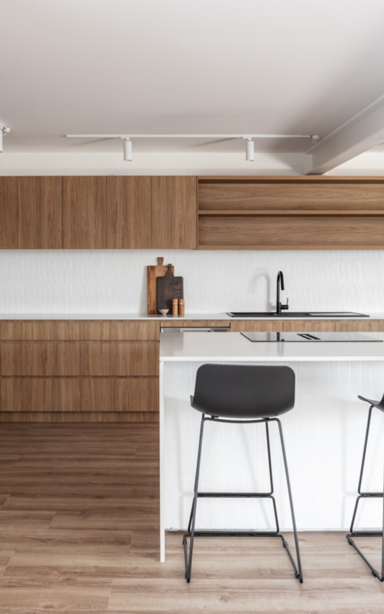 Modern Kitchen With Wood Cabinetry, White Countertop — PKJ Design in Unanderra, NSW