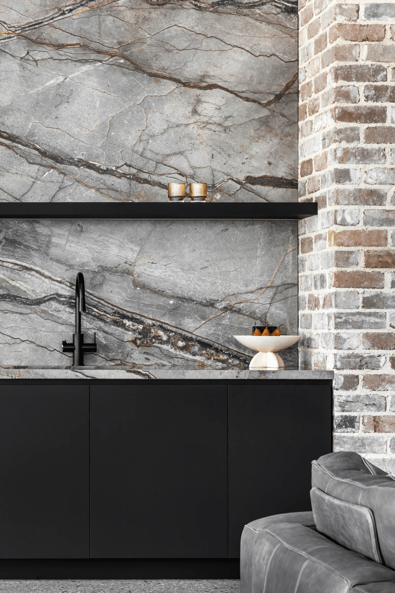Modern Kitchen With Black Cabinets, Marble Backsplash — PKJ Design in Unanderra, NSW