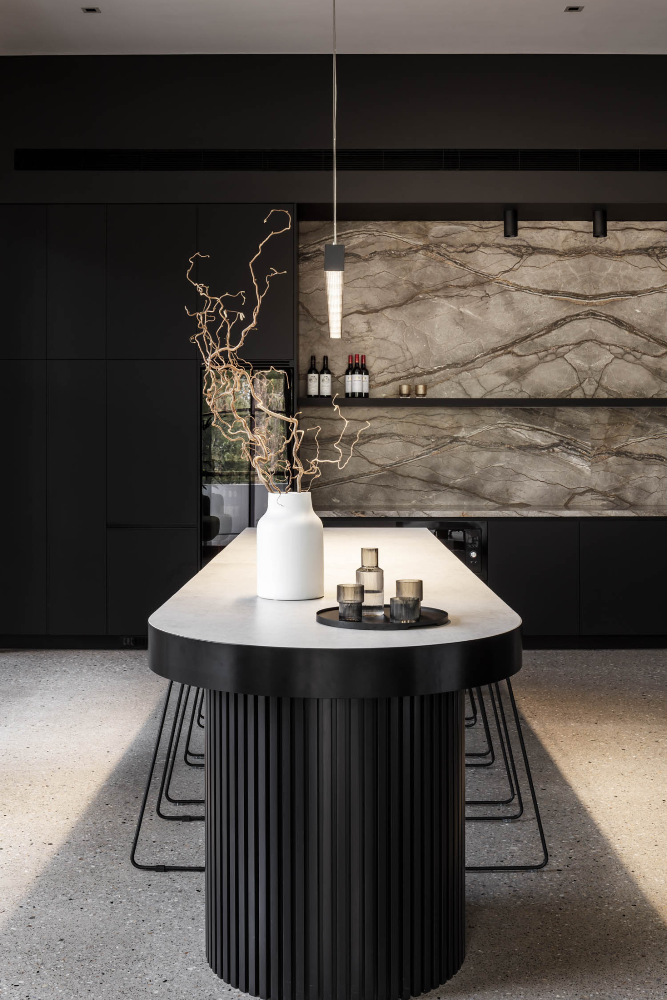 Modern Kitchen With a Black Island, White Countertop — PKJ Design in Unanderra, NSW