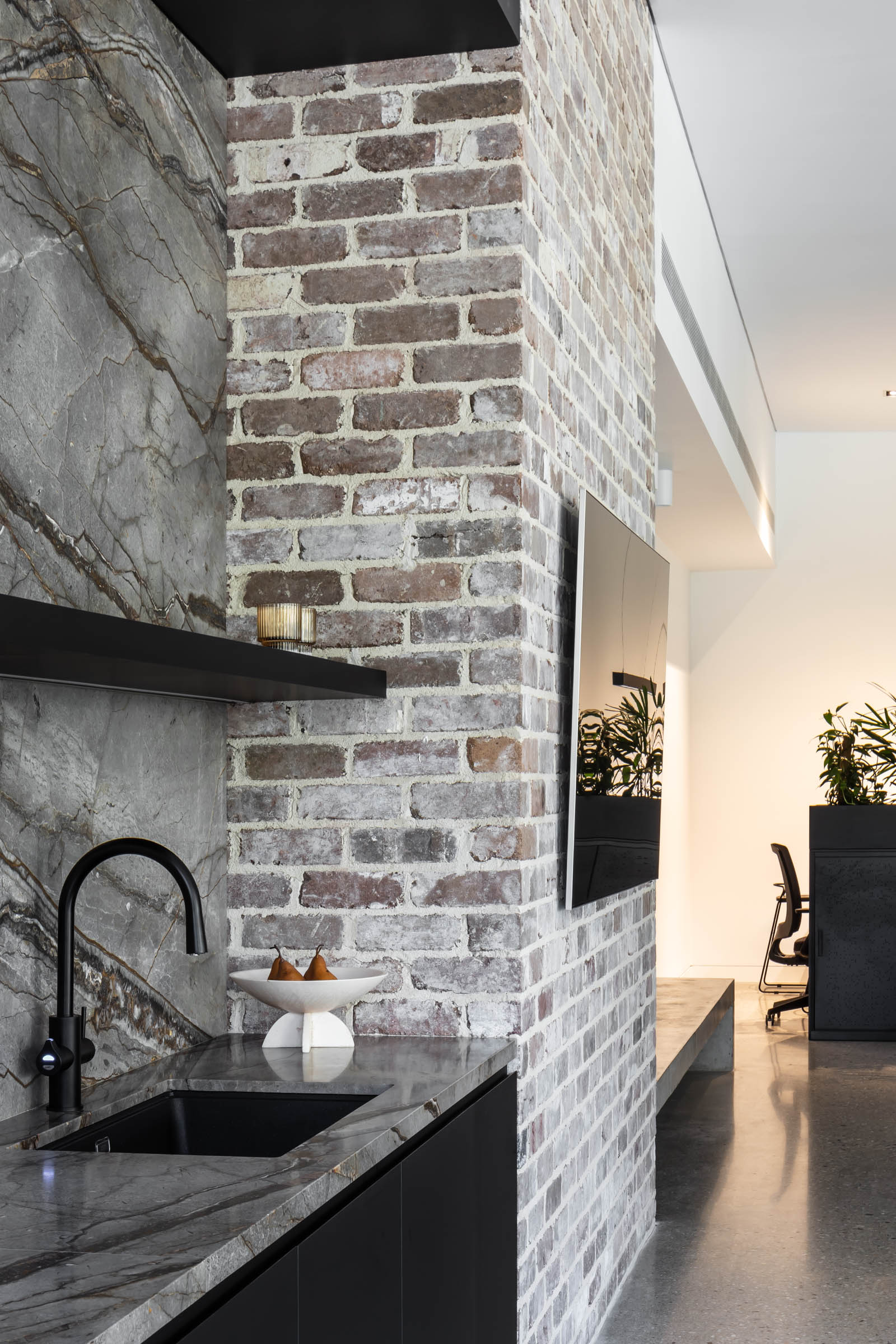 Modern Kitchen With Exposed Brick Wall — PKJ Design in Unanderra, NSW