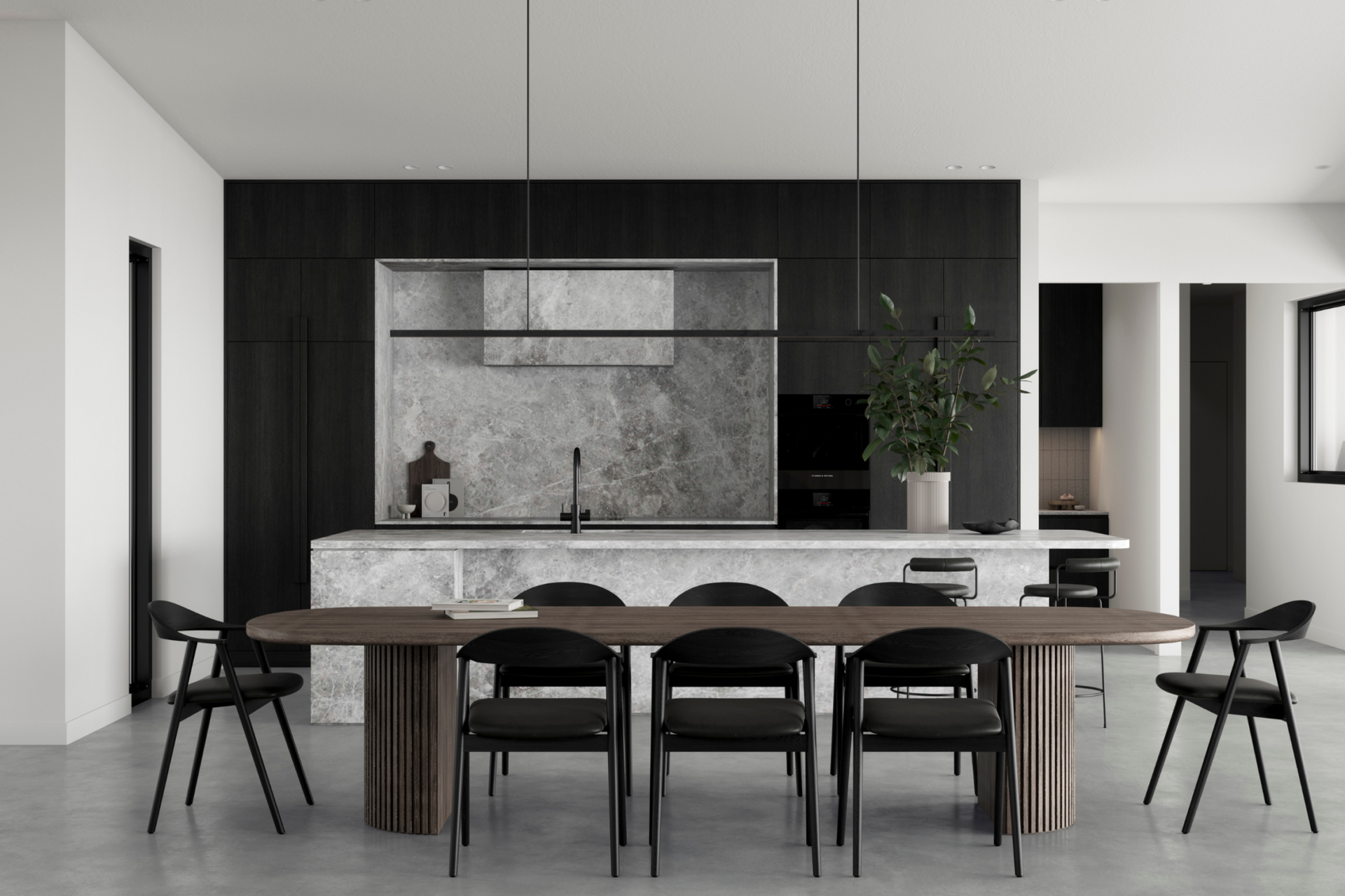Modern Black-and-white Dining Room With a Long Wooden Table — PKJ Design in Unanderra, NSW