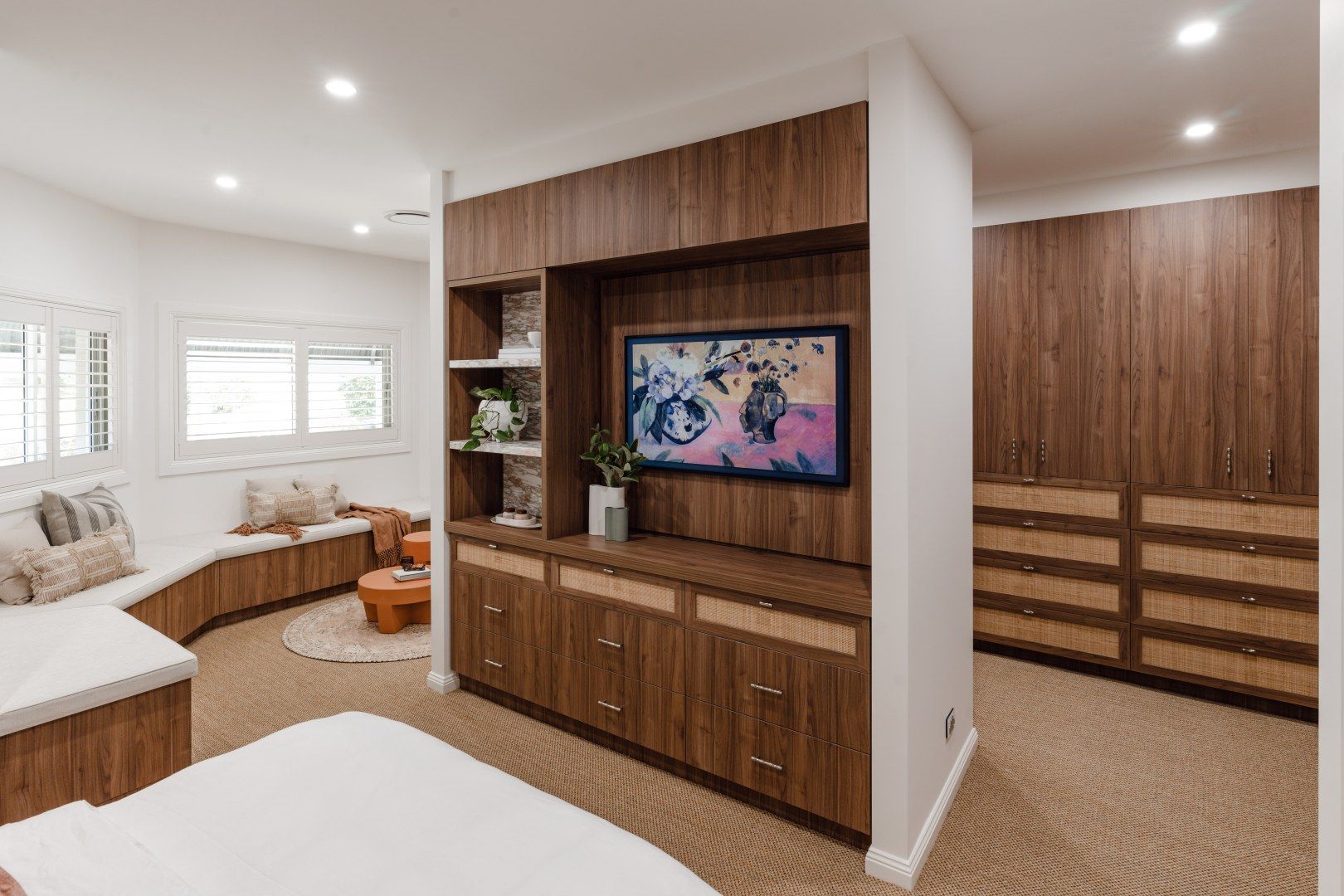 Modern Bedroom With Built-in Wood Storage — PKJ Design in Unanderra, NSW