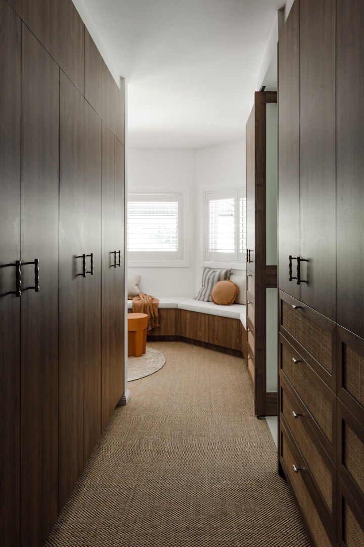 Narrow Hallway With Dark Wood Built-ins — PKJ Design in Unanderra, NSW