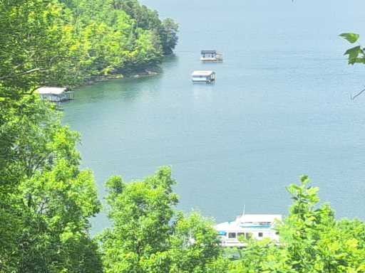 A group of boats are floating on a lake surrounded by trees.