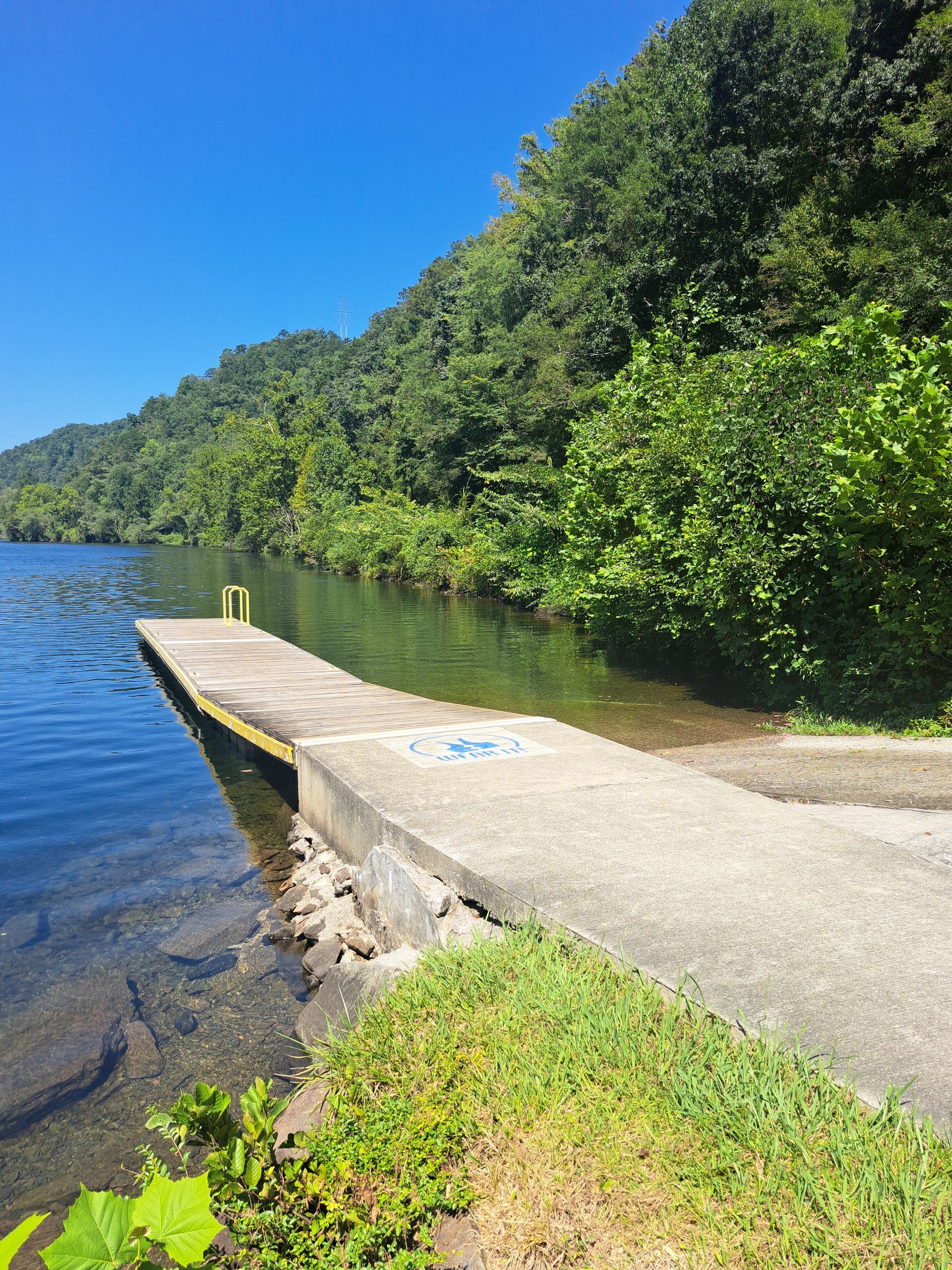 A dock is sitting on the shore of a lake surrounded by trees.