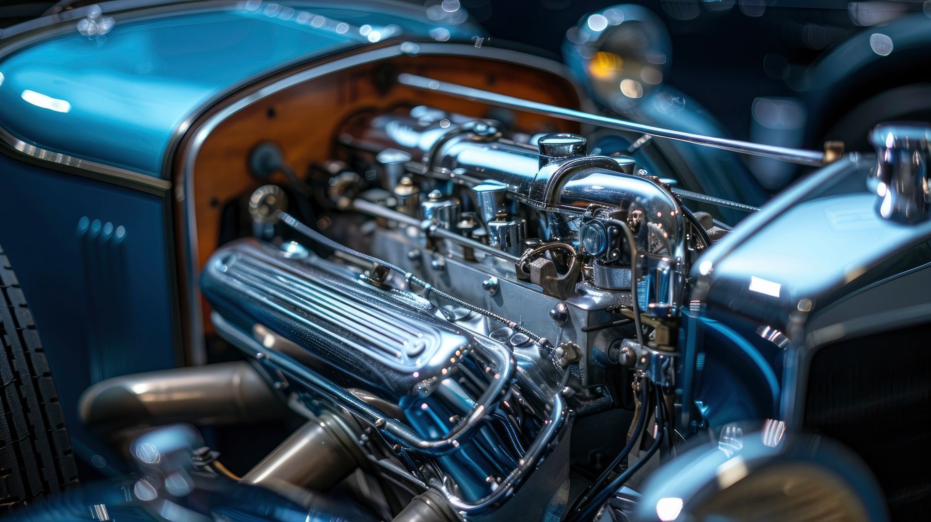 A close up of the engine of a blue car.