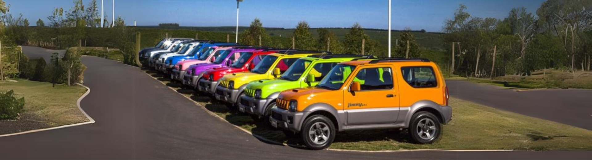 Uma fileira de carros coloridos está estacionada na beira de uma estrada
