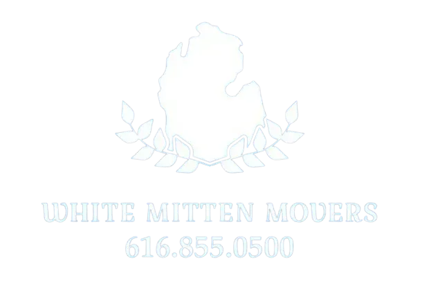 White logo with laurel wreath and the text “White Mitten Movers” and phone number 616-855-0500.
