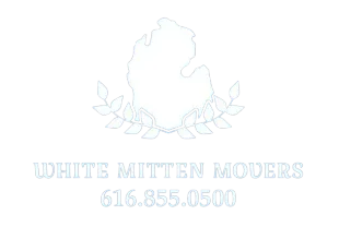 White logo with laurel wreath and the text “White Mitten Movers” and phone number 616-855-0500.