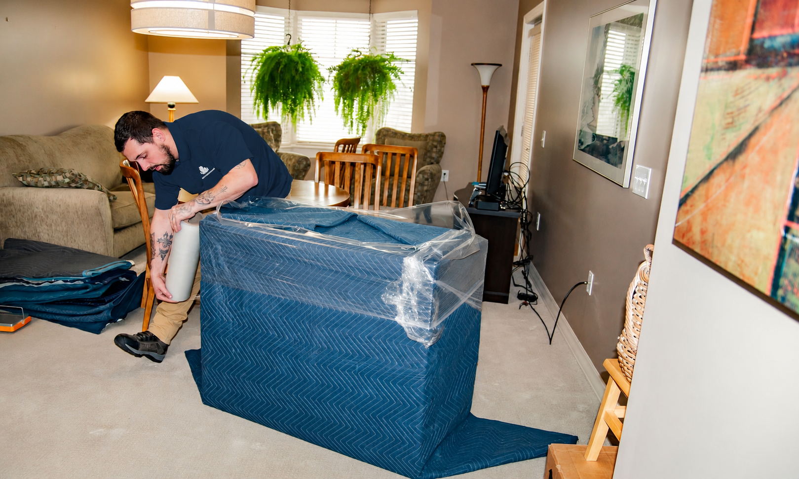 Man wrapping a blue couch in plastic in a bright living room