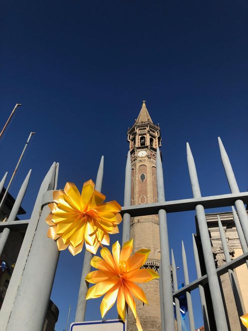 Fiori gialli su una recinzione nera con un'alta torre di pietra contro un cielo azzurro.