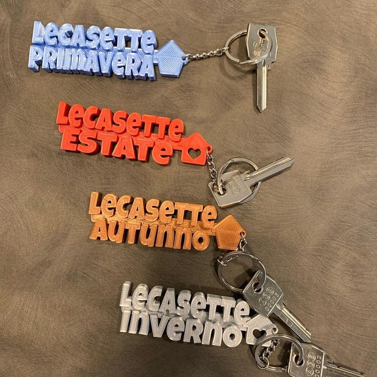 Portachiavi a tema quattro stagioni, nei colori blu, rosso, arancione e bianco, disposti su una base color beige.