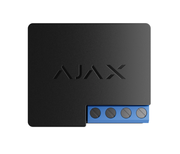 Black Ajax Relay module with blue terminal block.