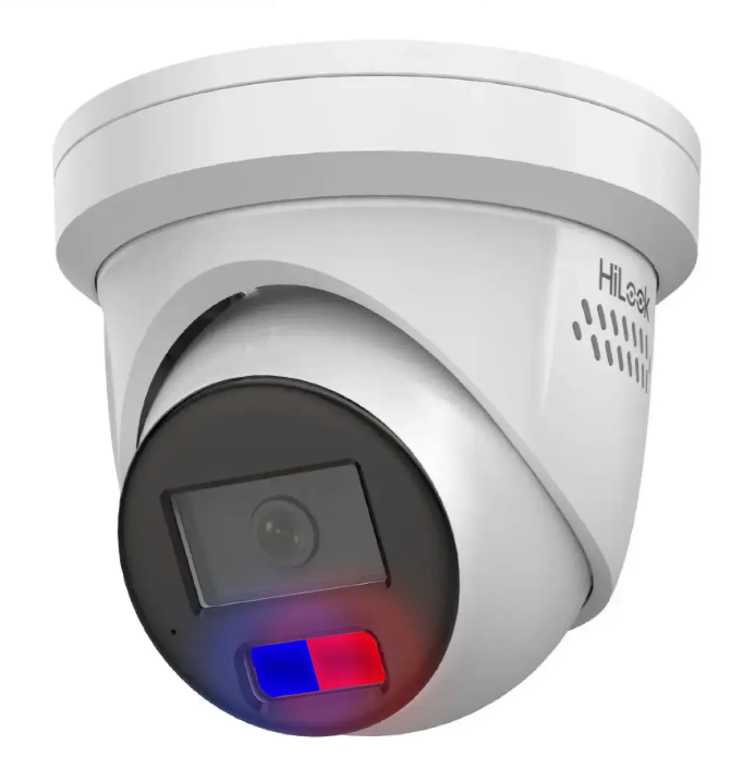 A Hilook security camera with red and blue lights, mounted on a ceiling.