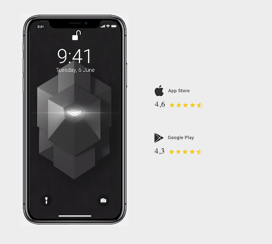 Black phone showing a geometric design. App Store rating 4.6 stars. Google Play rating 4.3 stars.