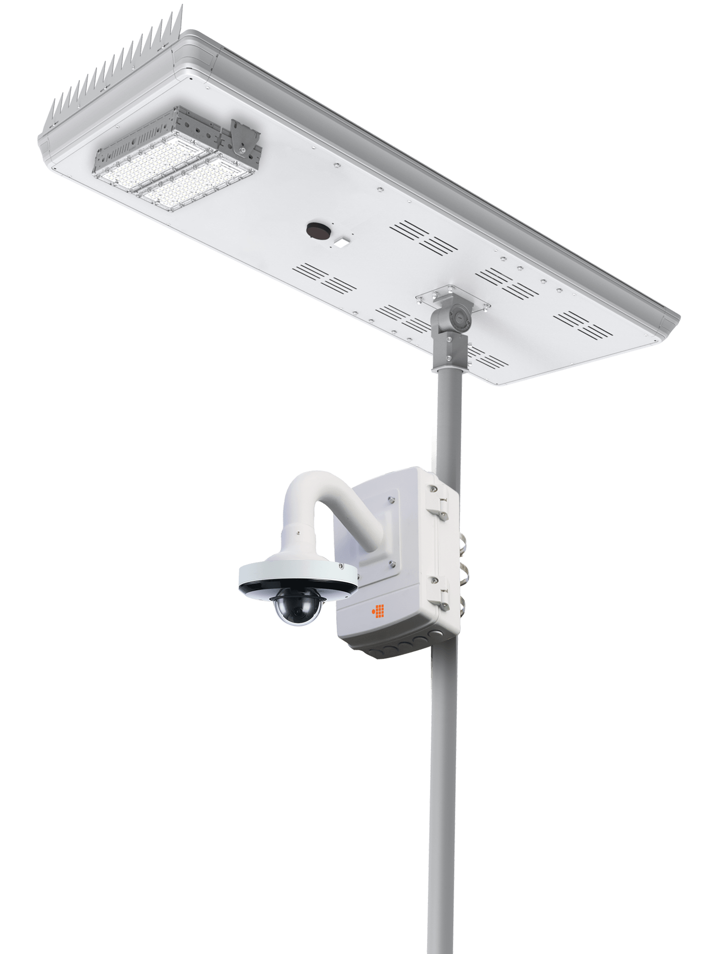 A street light with a camera attached to it.