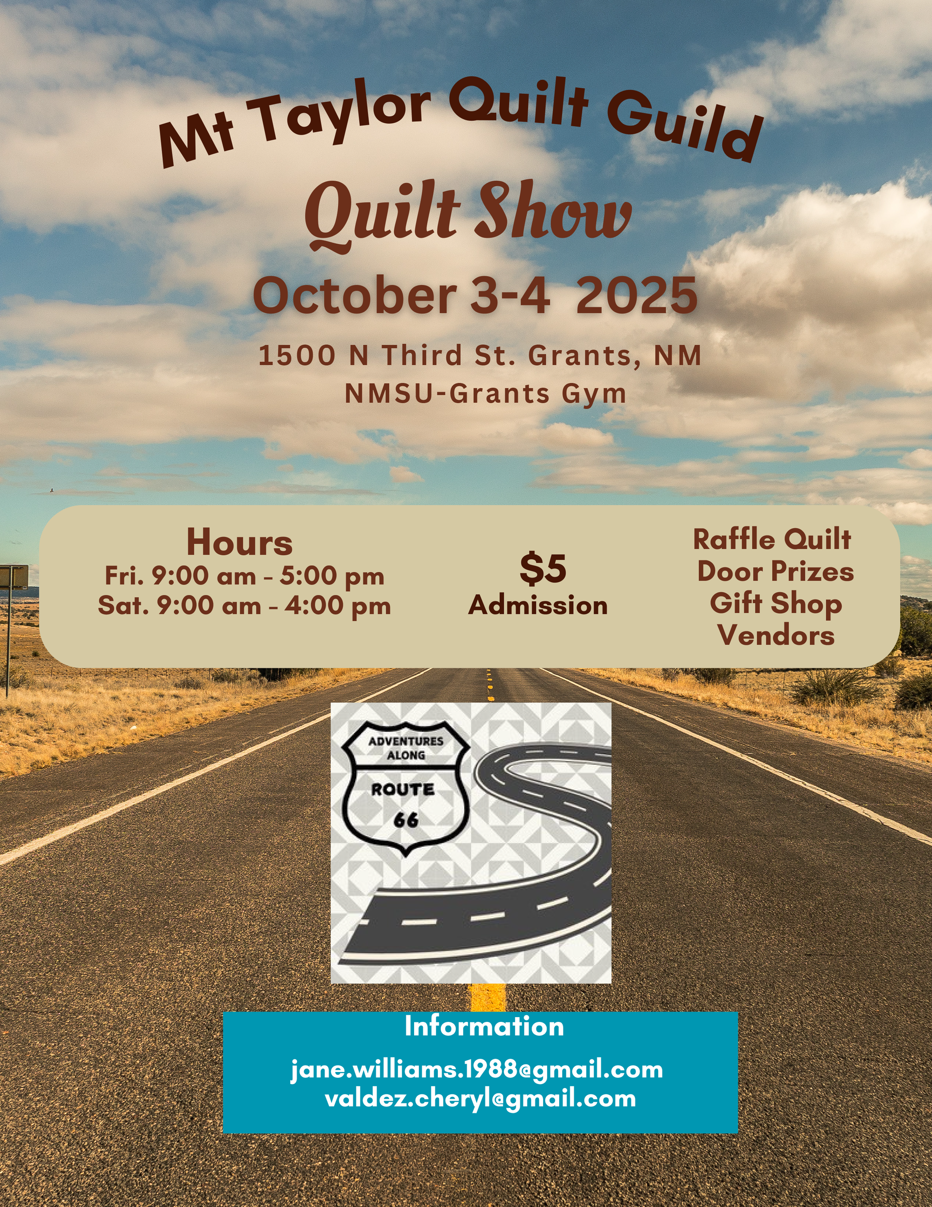 Quilt show poster: Mt Taylor Quilt Guild, October 3-4 2025, Grants, NM. Featuring raffle, door prizes, vendors.
