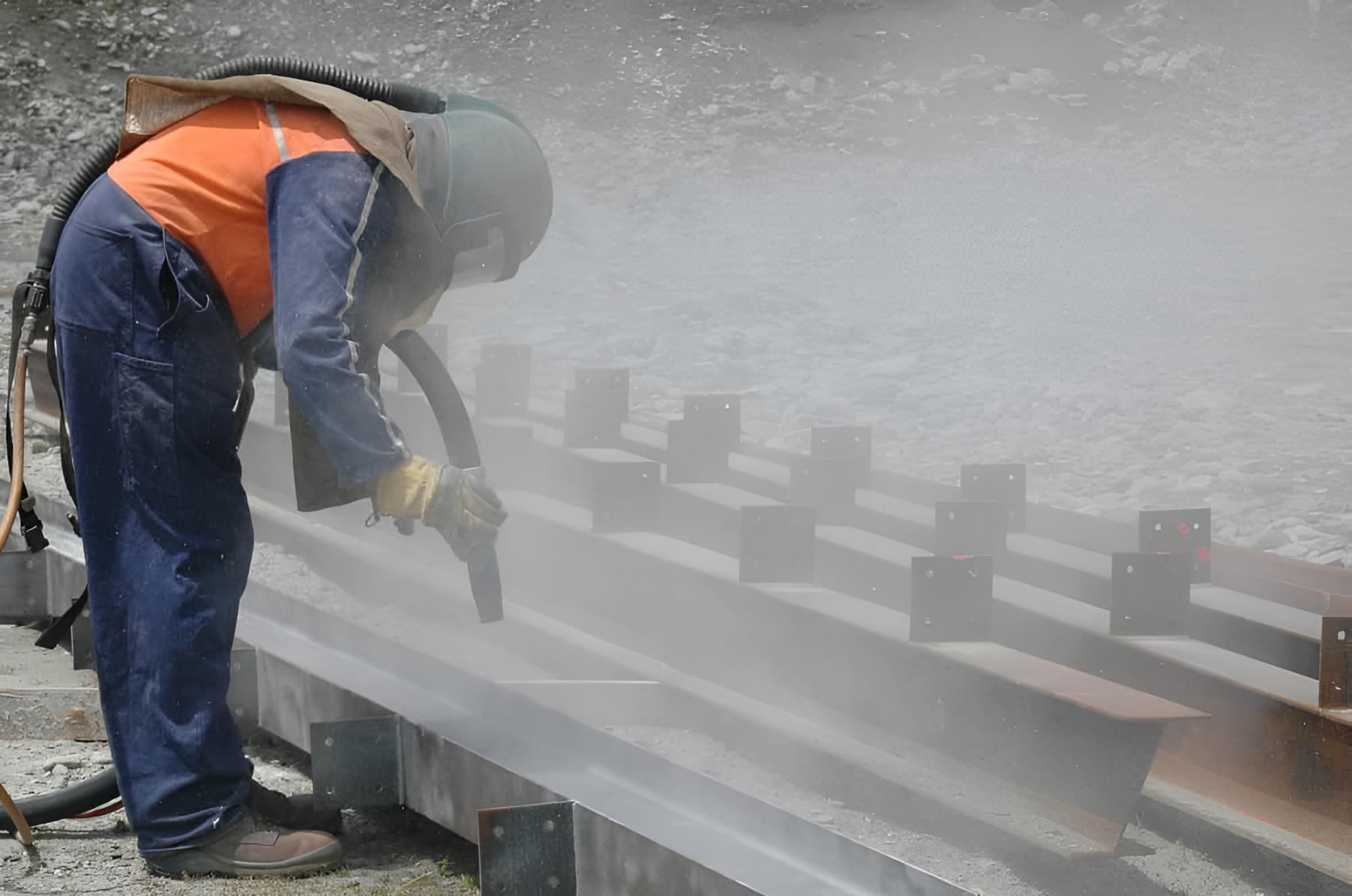 Worker Sandblasting Metal Beams — Waters Abrasive Blasting Services in Shaw, QLD