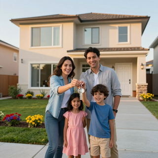 Familia mexicana frente a su casa rehabilitada