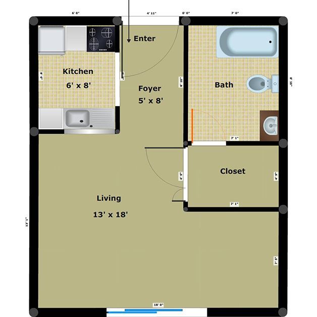 Floor plan of a small apartment with kitchen, foyer, living room, bath, and closet.