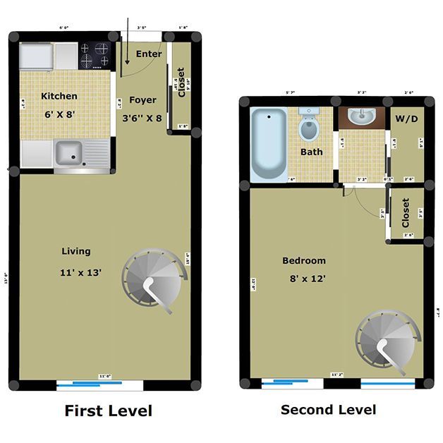 Two-level apartment floor plan with kitchen, living room, foyer, bath, bedroom, and laundry areas