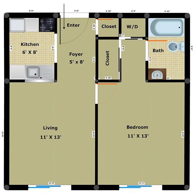 Apartment floor plan with kitchen, foyer, living room, bedroom, closet, W/D, and bathroom labeled.