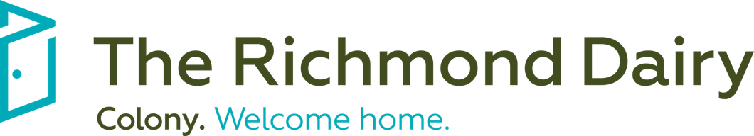 The Richmond Dairy logo with teal text and the tagline “Colony. Welcome home.”