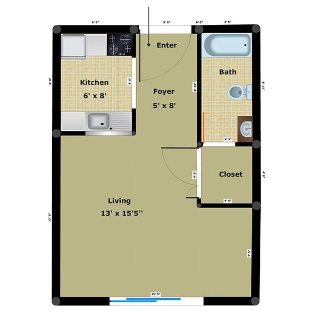 Small apartment floor plan showing kitchen, foyer, living room, bath, and closet with room dimensions.