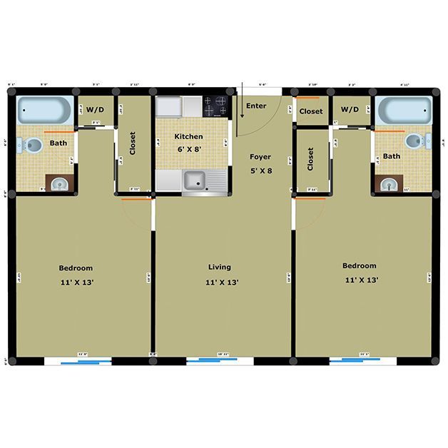Apartment floor plan with bedroom, living room, kitchen, bathroom, bath, and closets in a tan-and-white layout