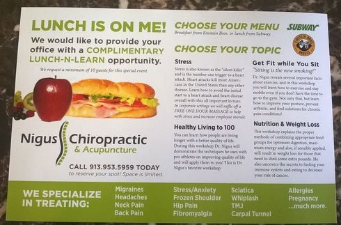 Advertisement for Employee Wellness workshops in Overland Park, KS by Nigus Chiropractic