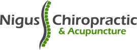 A logo for nigus chiropractic and acupuncture with a spine in the middle.