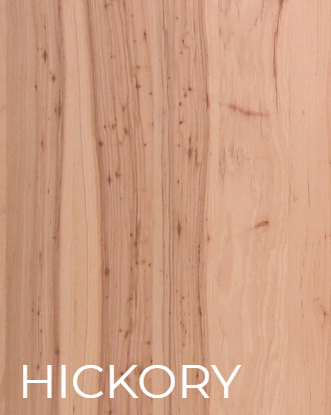 Hickory wood grain sample with light tan and brown streaks, labeled “HICKORY” at the bottom.