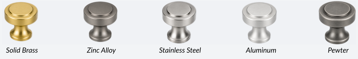 Six knob finishes shown in a row: gold, bronze, brushed silver, matte white, dark silver, and silver.