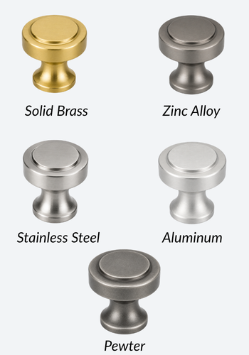 Five cabinet knobs labeled solid brass, zinc alloy, stainless steel, aluminum, and pewter.