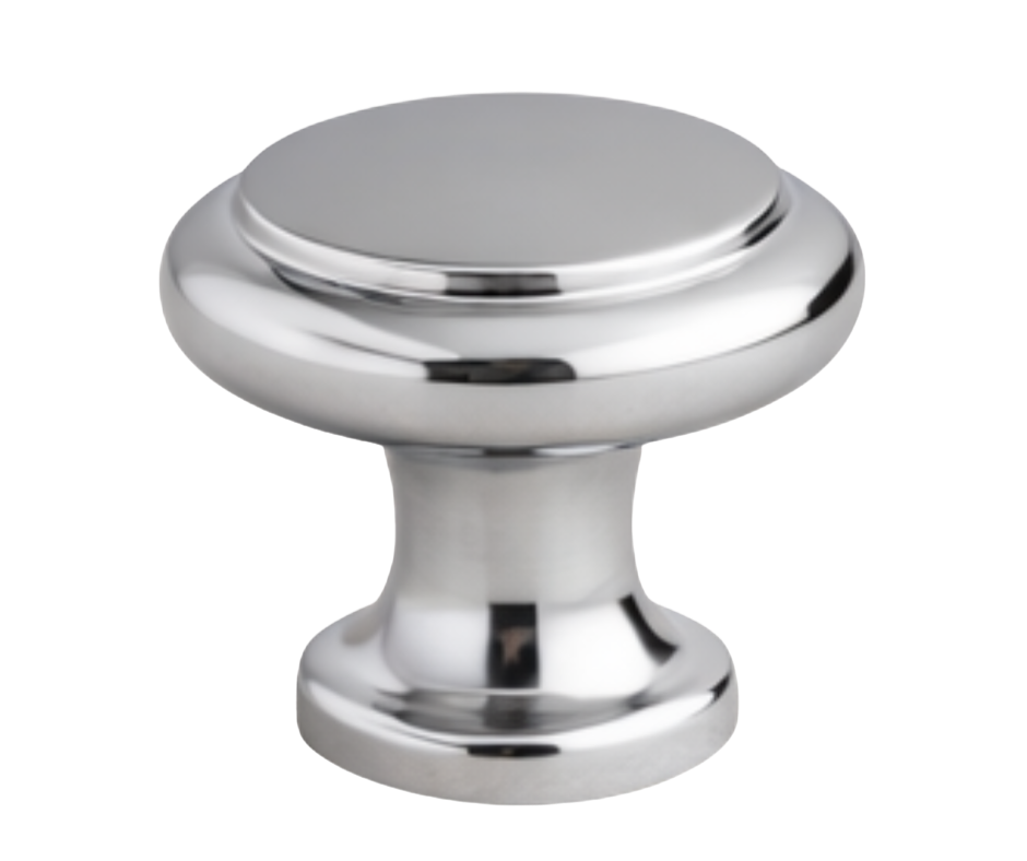 Chrome cabinet knob with a rounded top and pedestal base