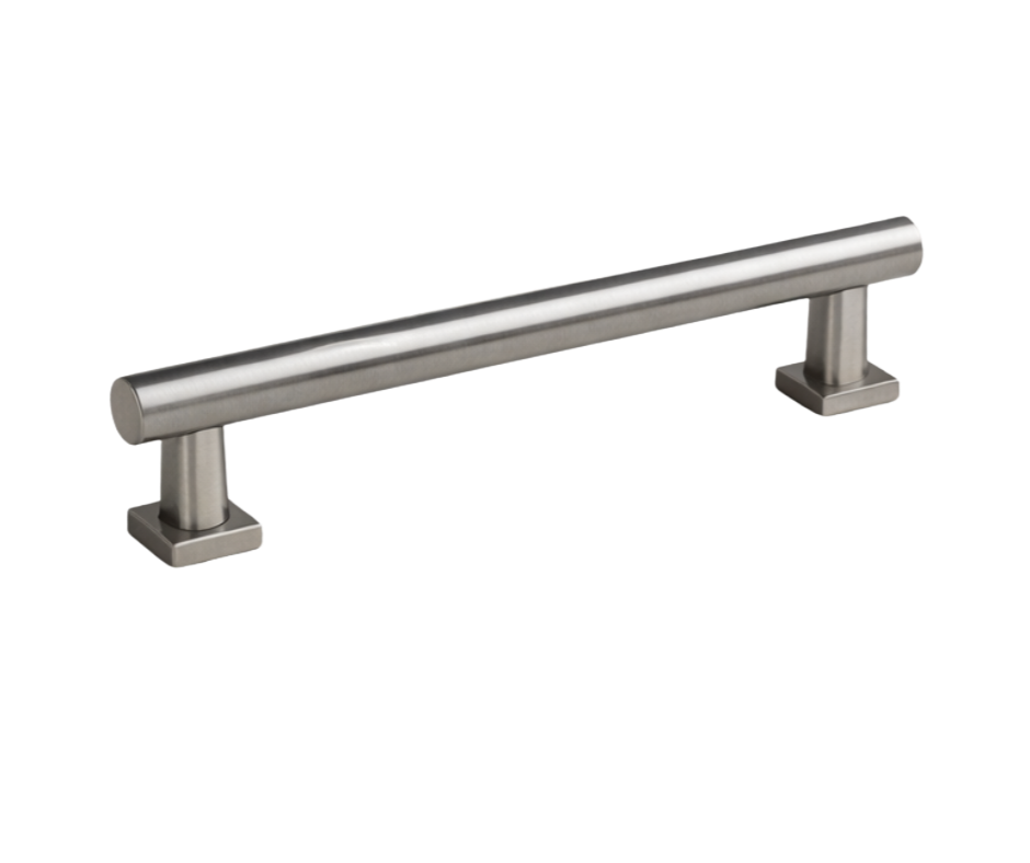Stainless steel grab bar with two wall mounts on a white background