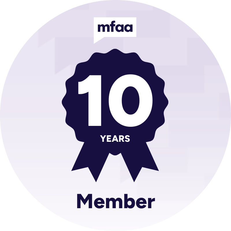 MFAA Member badge with a dark blue ribbon, the number 10, and the text