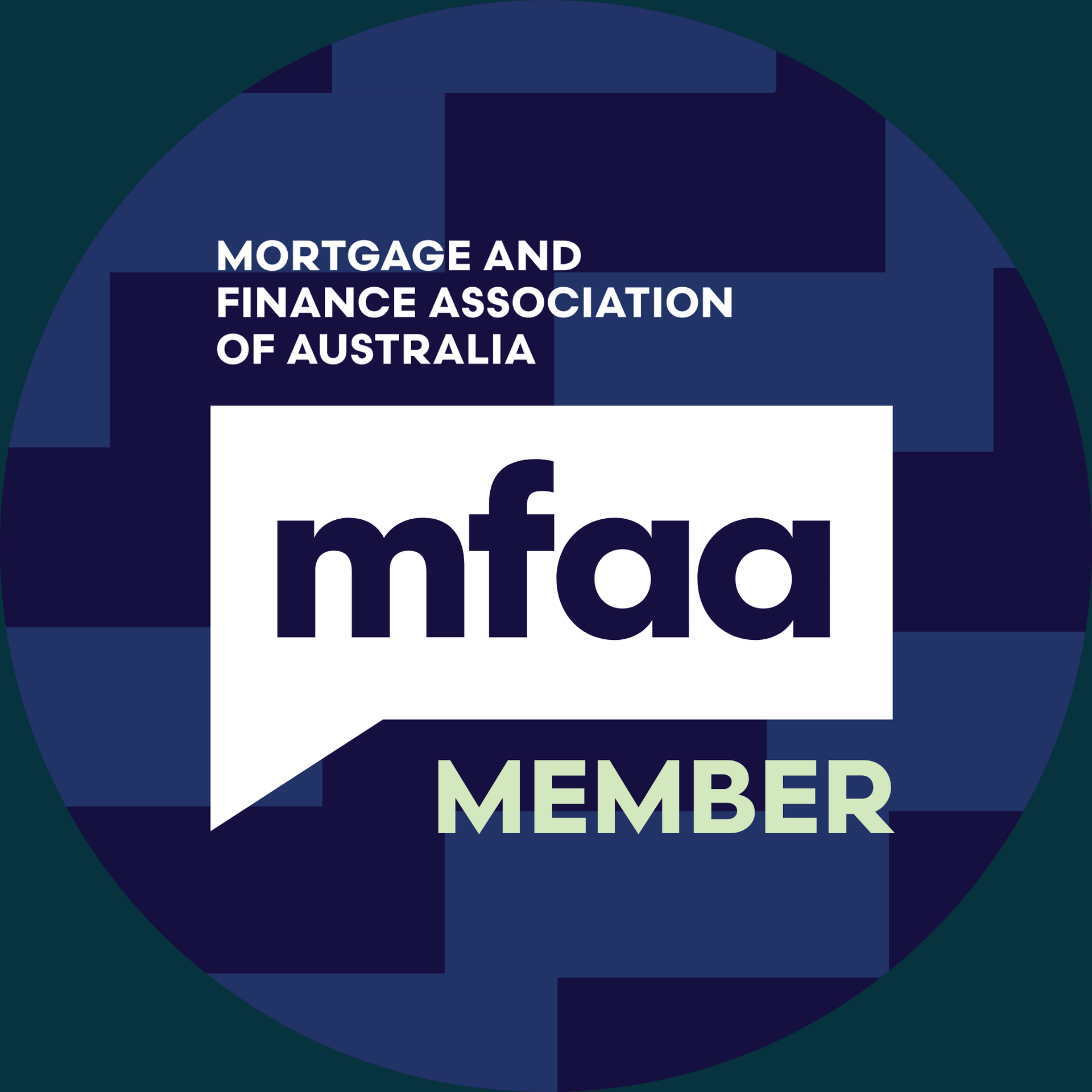 MFAA Member badge: Blue and white circular logo with