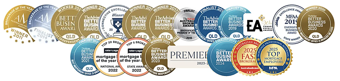 A bunch of awards are lined up in a row on a white background.