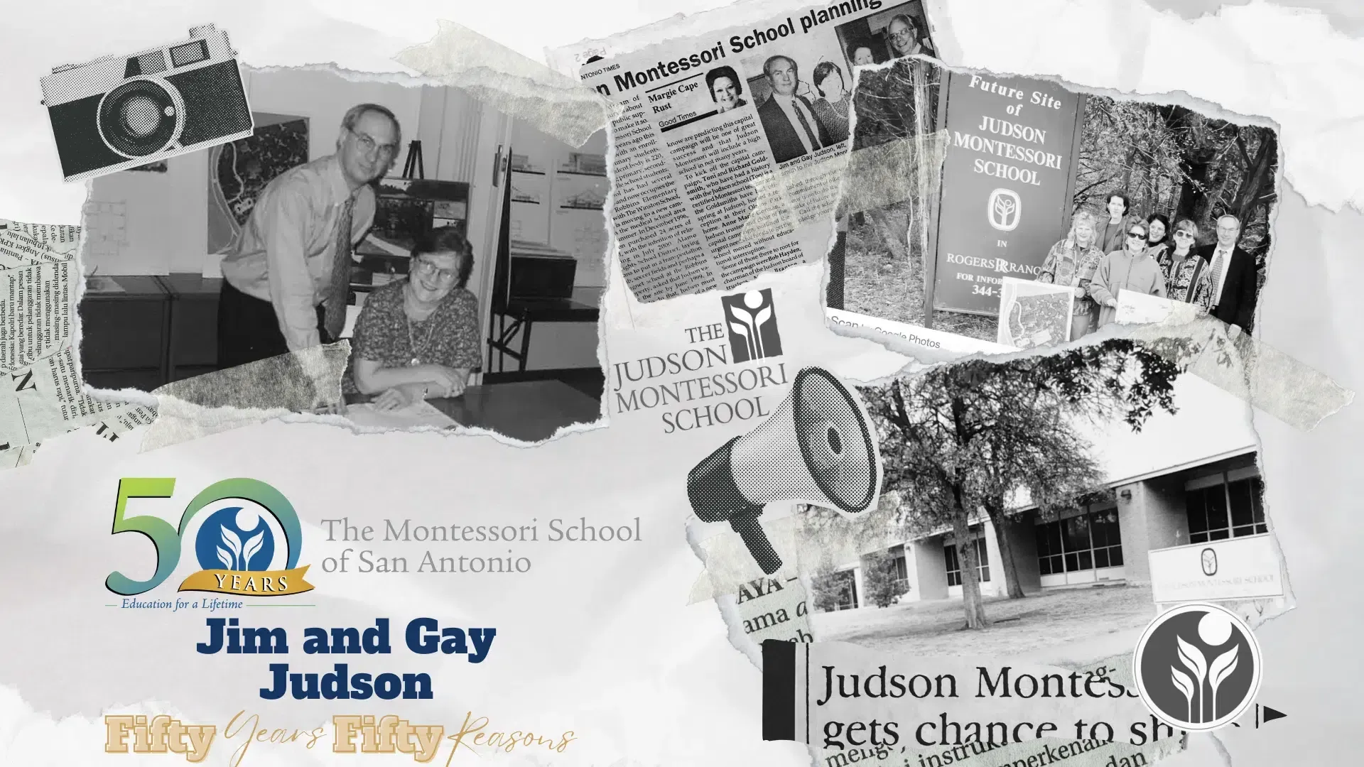 Montessori School of San Antonio anniversary graphic with vintage photos.