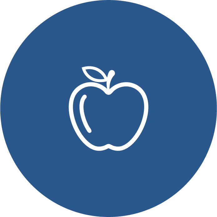 White outline of an apple on a blue circle.