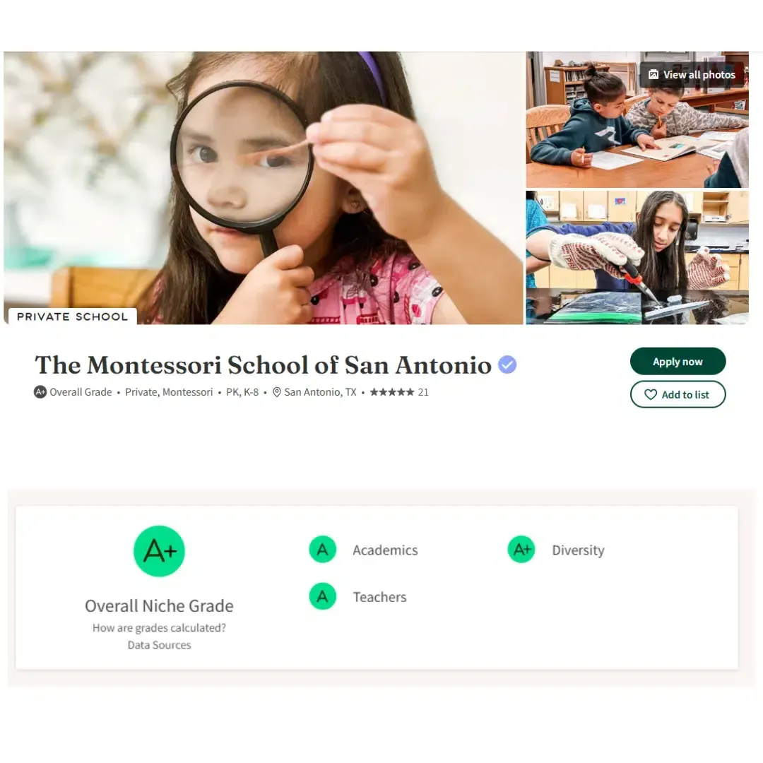 Girl using a magnifying glass at The Montessori School of San Antonio, with inset photos of students.