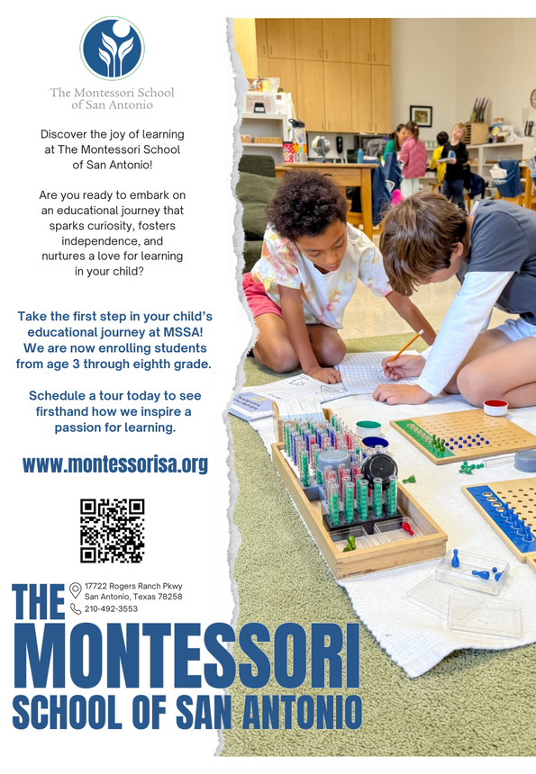 Two boys using the Montessori Racks and Tubes for division, promoting The Montessori School of San Antonio; includes text and QR code.
