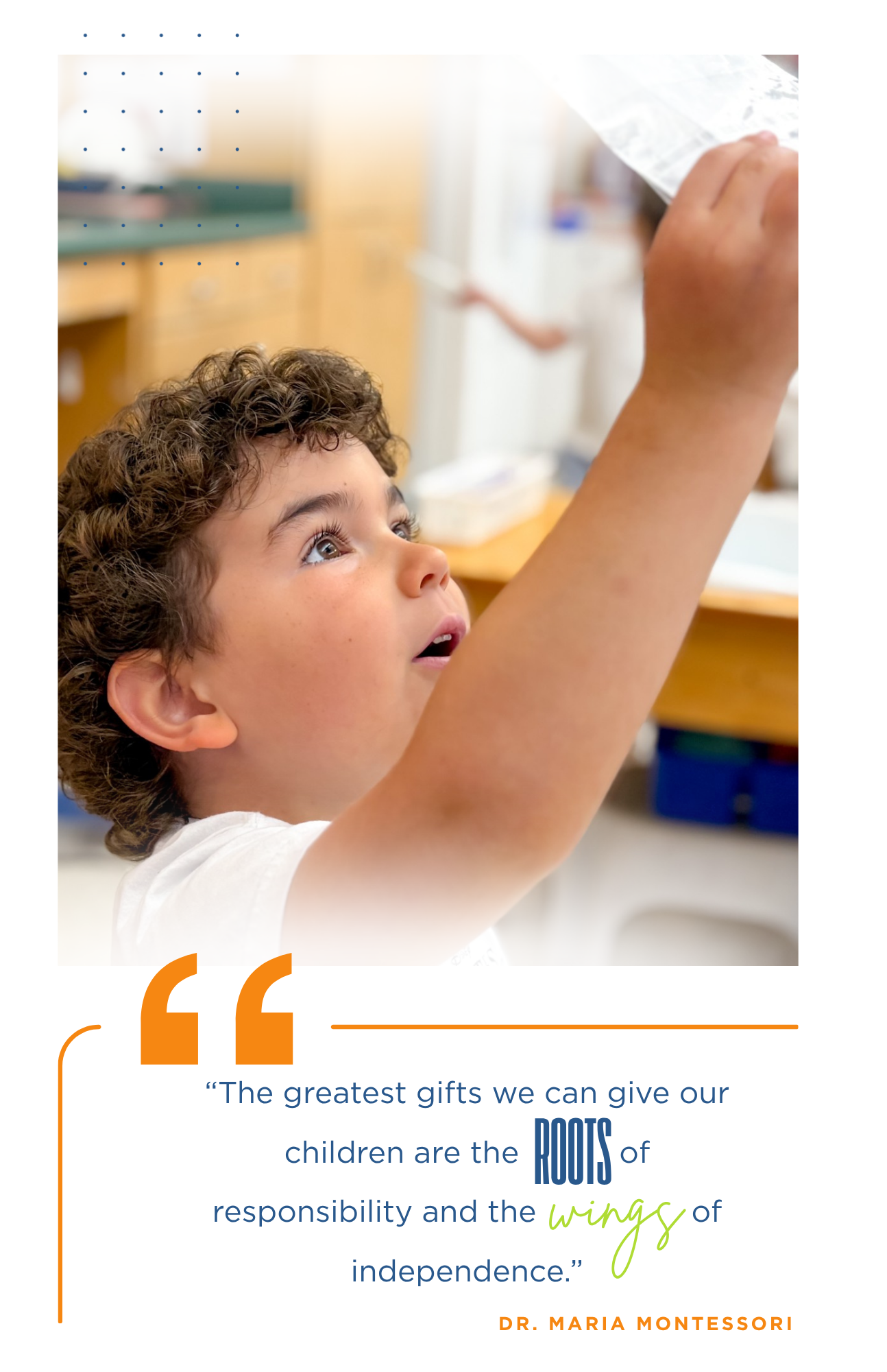 Boy viewing a paper in awe, holding it up to the light, with the quote: 