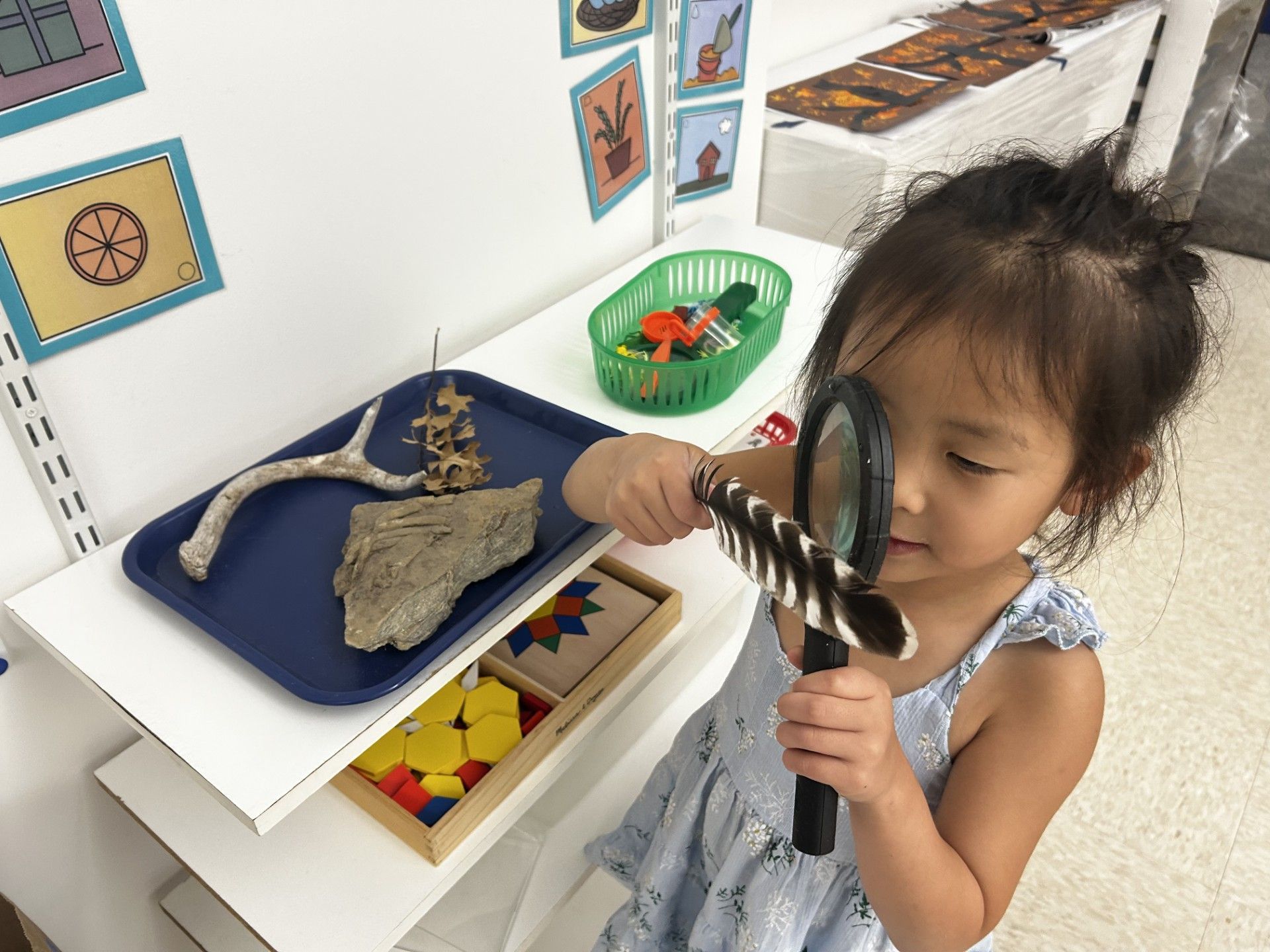 Child using a magnifying glass to look at a feather.