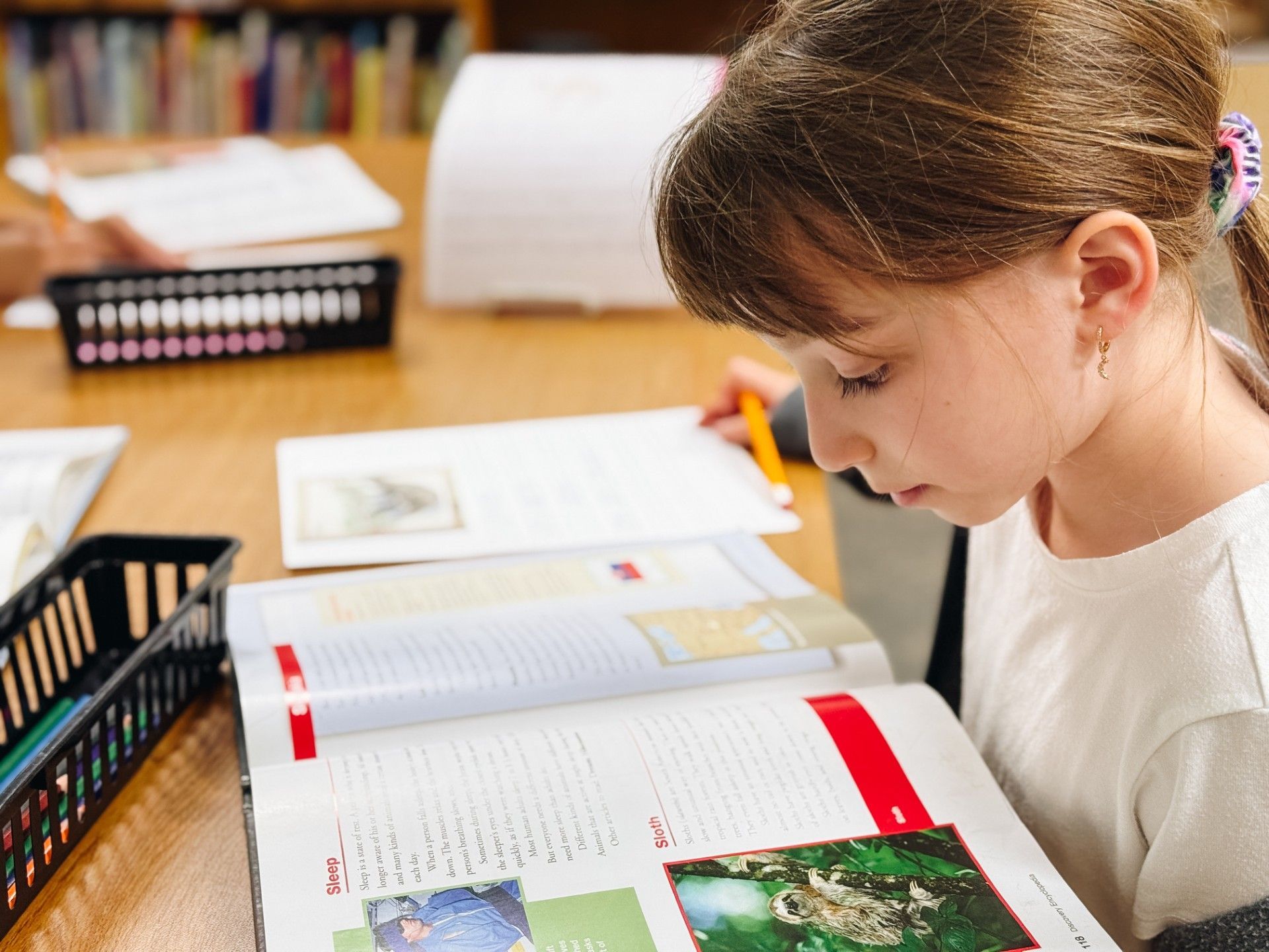 Girl in a library with an open book in front of her, looking for information.