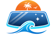 North Shore Windscreens logo with blue wave, orange sun, palm tree, and stars